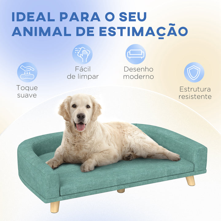 Sofá para Cães Cama Elevada para Cães Estofada com Almofada Lavável e Pés de Madeira de Pinho Carga Máxima 40 kg 98x67x25 cm Verde