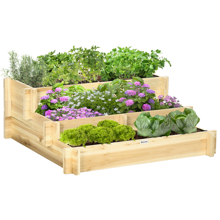 Caixa de Plantio de Madeira de 3 Níveis Horta Vertical em Escada com Malha Geotextil para Cultivos de Plantas Flores para Jardim Terraço Exterior 93x93x35 cm Natural