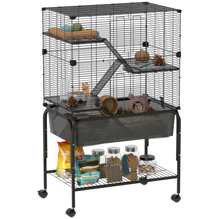 Gaiola para Pequenos Animais de 4 Níveis com Bandeja Inferior Gaiola para Roedores com Rampas Comedouro e Bebedouro Recinto para Chinchilas 73x47x123 cm Preto