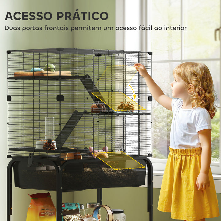 Gaiola para Pequenos Animais de 4 Níveis com Bandeja Inferior Gaiola para Roedores com Rampas Comedouro e Bebedouro Recinto para Chinchilas 73x47x123 cm Preto