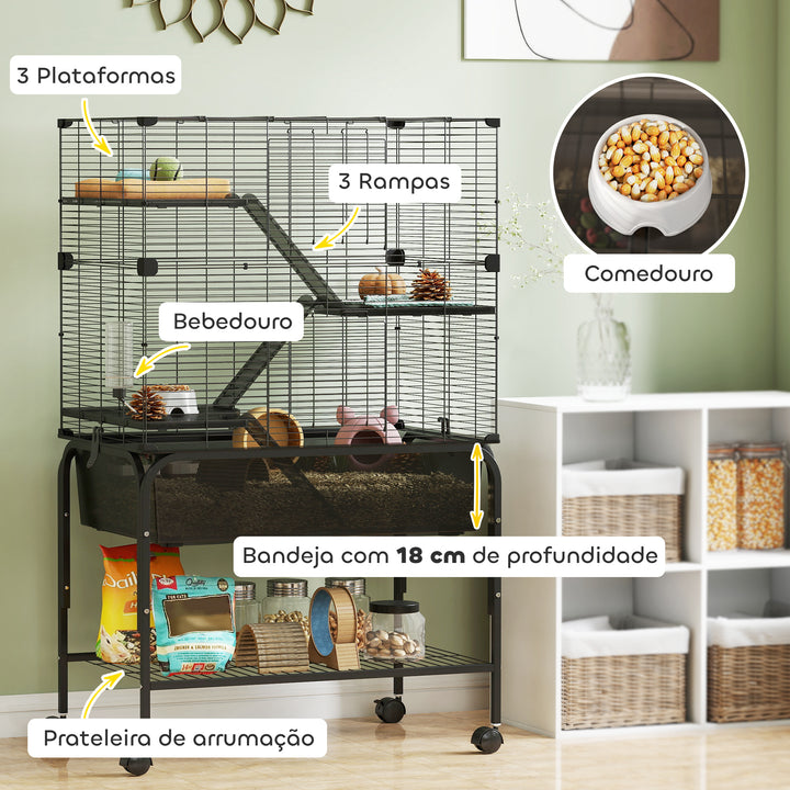 Gaiola para Pequenos Animais de 4 Níveis com Bandeja Inferior Gaiola para Roedores com Rampas Comedouro e Bebedouro Recinto para Chinchilas 73x47x123 cm Preto