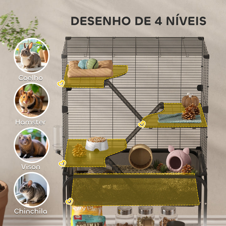 Gaiola para Pequenos Animais de 4 Níveis com Bandeja Inferior Gaiola para Roedores com Rampas Comedouro e Bebedouro Recinto para Chinchilas 73x47x123 cm Preto