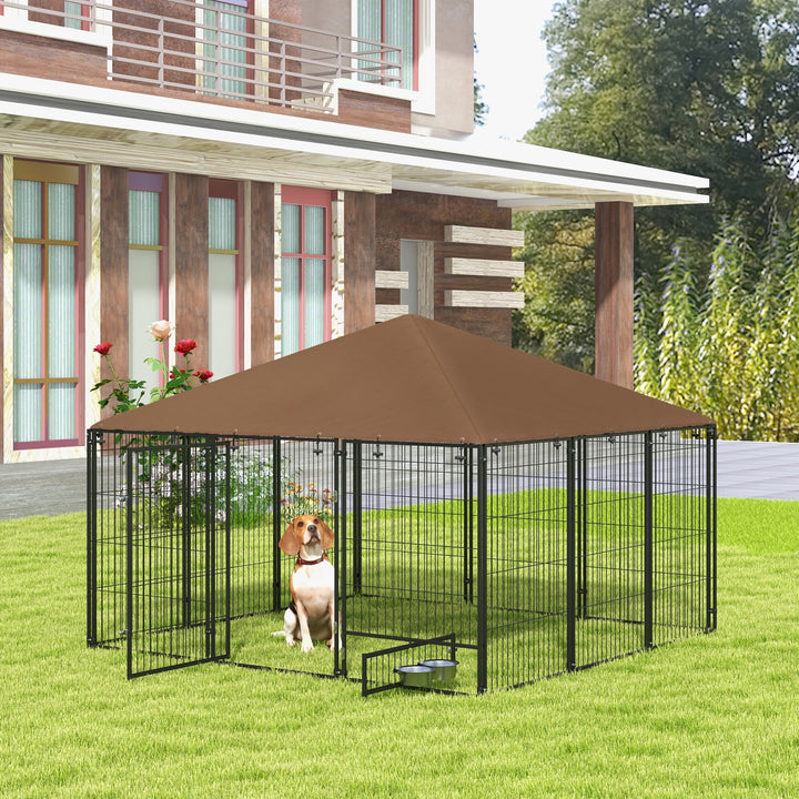 Parque para Cães com Toldo Canil para Exterior com Suporte Giratório para Comida 2 Tigelas Incluídas 211x211x151 cm Preto Marrom