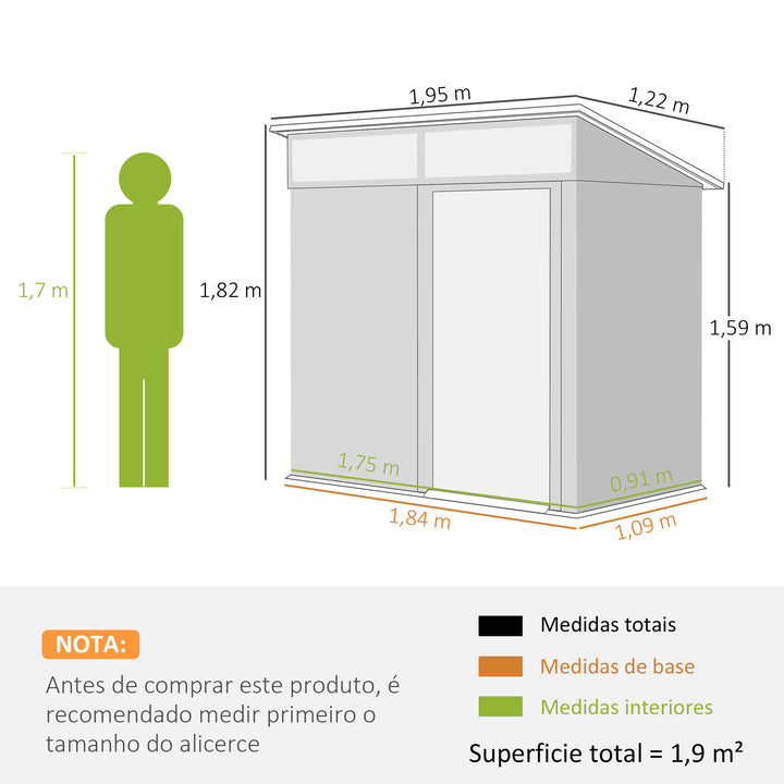 Abrigo de Jardim 1,9m² 195x122x182 cm Abrigo de Exterior com Base Reforçada (Chão NÃO Incluído) Porta Corredera Janelas Abrigo de Ferramentas para Pátio Cinza Escuro
