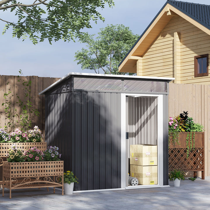 Abrigo de Jardim 1,9m² 195x122x182 cm Abrigo de Exterior com Base Reforçada (Chão NÃO Incluído) Porta Corredera Janelas Abrigo de Ferramentas para Pátio Cinza Escuro