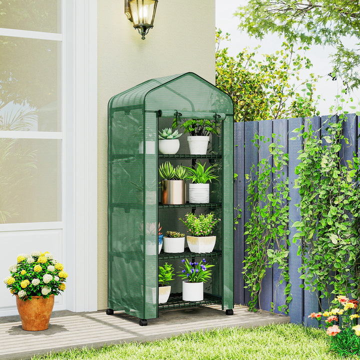 Estufa de Exterior com 4 Prateleiras e Rodas Estufa de Jardim com Porta Enrolável Estrutura em Aço e Cobertura de PE 140g/? Anti-UV para Terraço Pátio 69x50x165 cm Verde