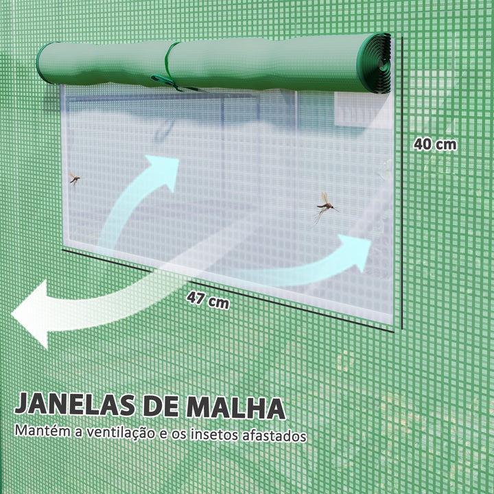 Estufa tipo Túnel 397x300x200 cm Estufa de Exterior com 4 Janelas de Malha Cobertura de PE Anti UV e 3 Portas Enroláveis com Fecho de Correr Estufa para Jardim Pátio Verde
