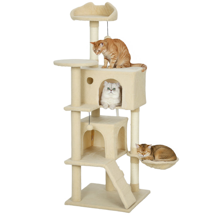 Arranhador para Gatos 140 cm Torre de Escalada com Múltiplas Plataformas Cama 2 Cavernas Rede Escada Postes de Sisal Bolas para Brincar Bege