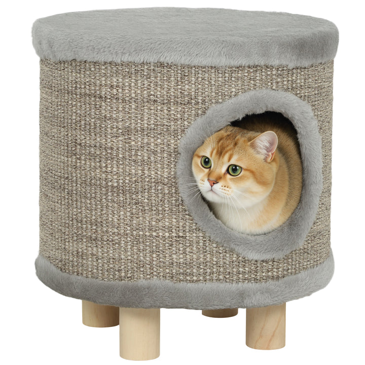 Casa para Gatos 3 em 1 Banco Apoio para os Pés e Cama com Arranhador Pés de Madeira e Brinquedo Pendurado para Interior 36x36x38 cm Cinzento