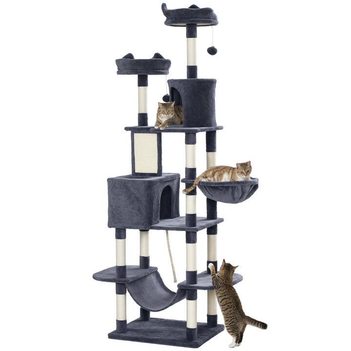 Arranhador para Gatos Grande Arranhador para Gatos Torre para Gatos com Plataformas Caverna Bolas Suspensa e Rede 60x50x206 cm Cinza Escuro
