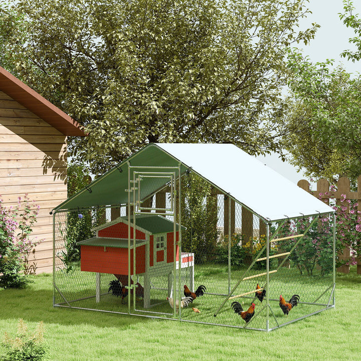 Galinheiro para Exterior 3x2 m Galinheiro de Aço Galvanizado com Comedouro Suspenso Tipo Espeto Poleiro Cobertura Anti-UV e Impermeável para Coelhos Patos Gansos Prata