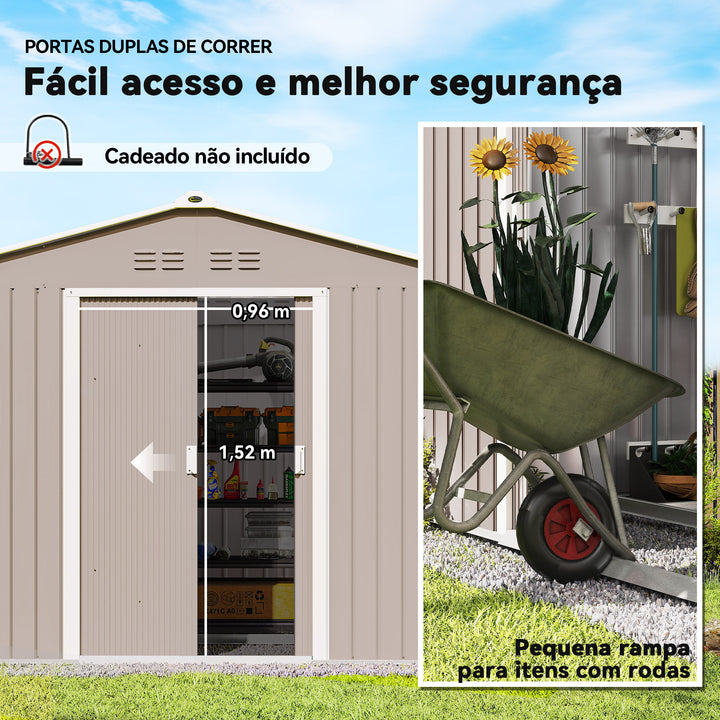 Abrigo de Jardim Exterior Abrigo e Jardim Metálico para Armazenamento de Ferramentas com Base de Reforço Incluída e 4 Janelas 277x195x192 cm Cinzento