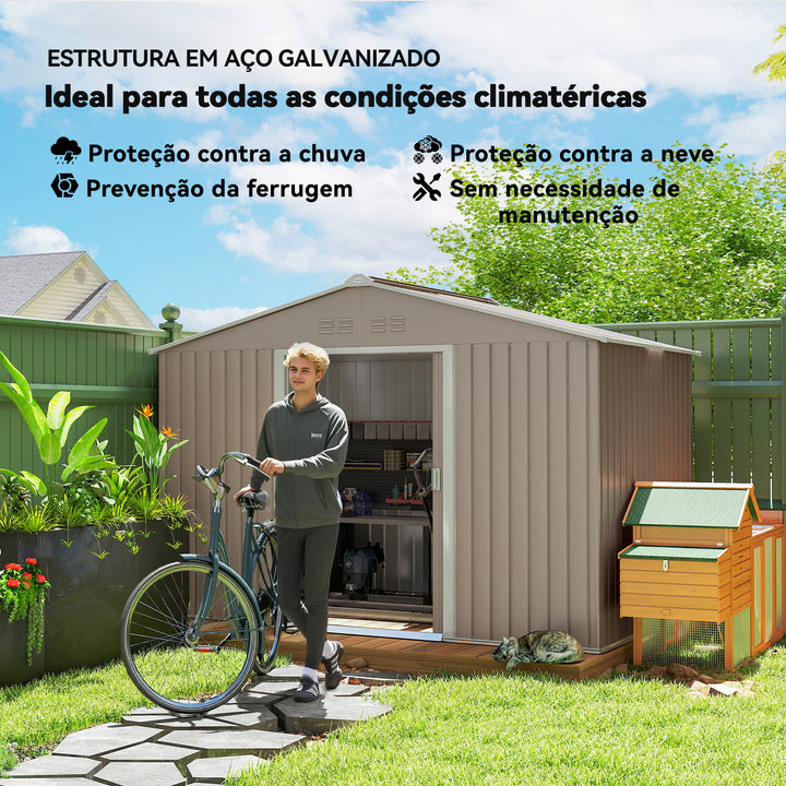 Abrigo de Jardim Exterior Abrigo e Jardim Metálico para Armazenamento de Ferramentas com Base de Reforço Incluída e 4 Janelas 277x195x192 cm Cinzento