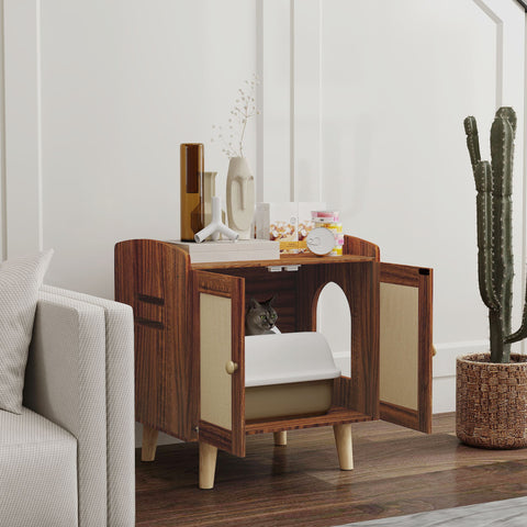 Móvel Caixa de Areia para Gatos Caixa de Areia para Gatos Mesa Auxiliar com Portas e Tapetes de Sisal Pés de Madeira para Sala Quarto 55x43x59,6 cm Castanho Rústico
