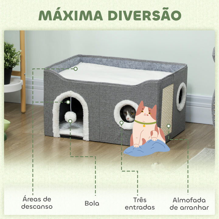 Casa Dobrável para Gatos, Cama para Gatos com Arranhador, 3 Entradas, Bola Suspensa, Almofada Reversível em Pelúcia e Tipo Linho, para Interior, 60x40x34 cm, Cinzento