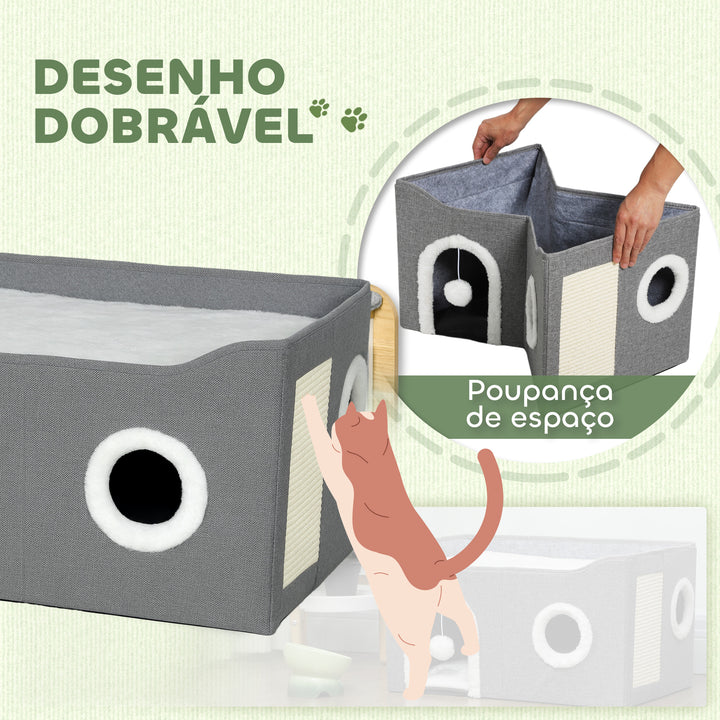 Casa Dobrável para Gatos, Cama para Gatos com Arranhador, 3 Entradas, Bola Suspensa, Almofada Reversível em Pelúcia e Tipo Linho, para Interior, 60x40x34 cm, Cinzento
