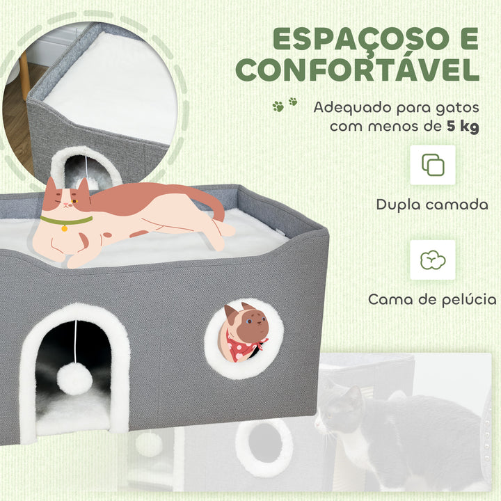 Casa Dobrável para Gatos, Cama para Gatos com Arranhador, 3 Entradas, Bola Suspensa, Almofada Reversível em Pelúcia e Tipo Linho, para Interior, 60x40x34 cm, Cinzento