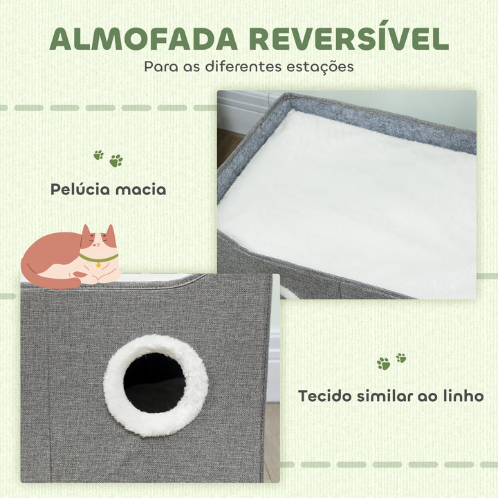 Casa Dobrável para Gatos, Cama para Gatos com Arranhador, 3 Entradas, Bola Suspensa, Almofada Reversível em Pelúcia e Tipo Linho, para Interior, 60x40x34 cm, Cinzento