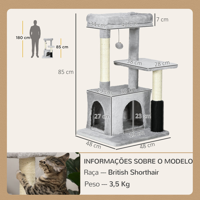 Arranhador para Gatos Médios Altura 85 cm Arranhador para Gatos com Casa Plataforma Bola Brinquedo Arranhador e Postes de Sisal 48x48x85 cm Cinza