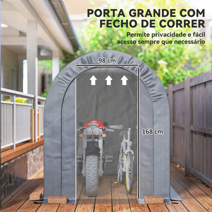 Tenda de Jardim Exterior para Ferramentas Bicicletas 2,4x1,6x1,9 m Abrigo Exterior com Estrutura em Aço Porta Enrolável com Fecho Impermeável Garagem Portátil Cinzento Claro