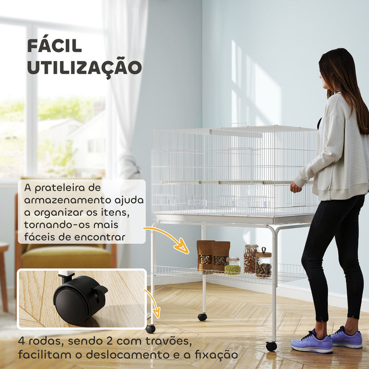 Gaiola para Pássaros com Divisória Gaiola com Rodas para Aves Papagaios Canários Gaiola para Aves com Comedouros Poleiros e Bandeja Removível, 94x57x128 cm Branco