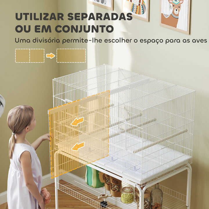 Gaiola para Pássaros com Divisória Gaiola com Rodas para Aves Papagaios Canários Gaiola para Aves com Comedouros Poleiros e Bandeja Removível, 94x57x128 cm Branco