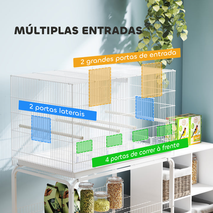 Gaiola para Pássaros com Divisória Gaiola com Rodas para Aves Papagaios Canários Gaiola para Aves com Comedouros Poleiros e Bandeja Removível, 94x57x128 cm Branco