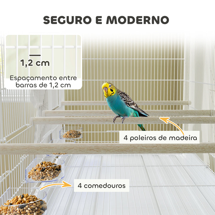 Gaiola para Pássaros com Divisória Gaiola com Rodas para Aves Papagaios Canários Gaiola para Aves com Comedouros Poleiros e Bandeja Removível, 94x57x128 cm Branco