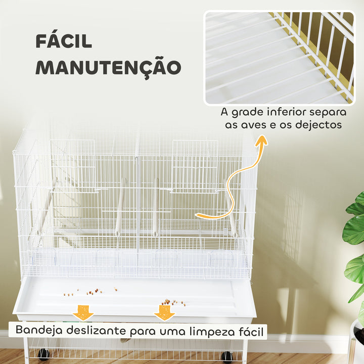 Gaiola para Pássaros com Divisória Gaiola com Rodas para Aves Papagaios Canários Gaiola para Aves com Comedouros Poleiros e Bandeja Removível, 94x57x128 cm Branco