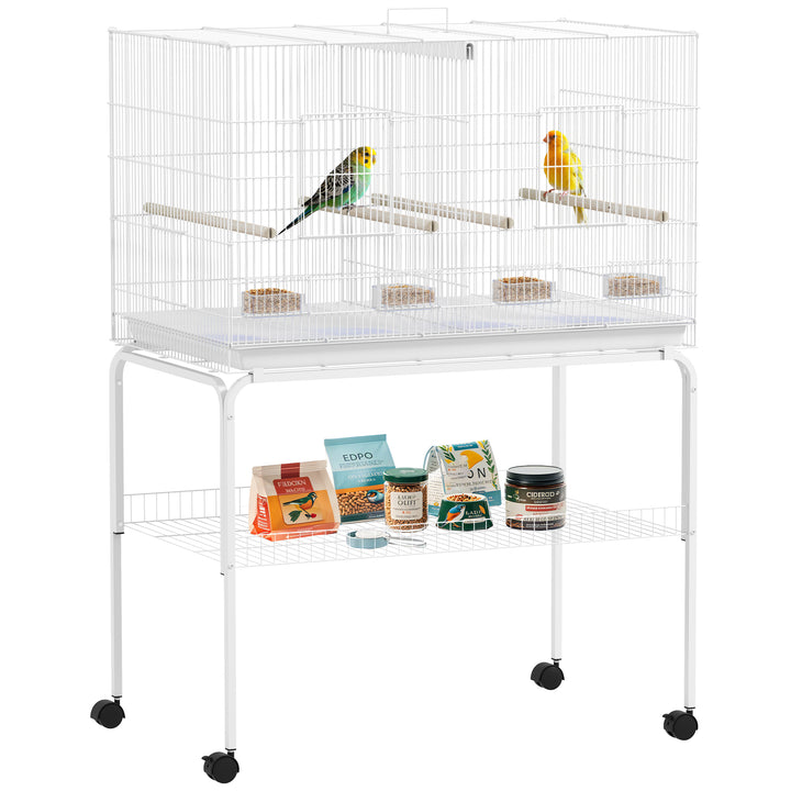 Gaiola para Pássaros com Divisória Gaiola com Rodas para Aves Papagaios Canários Gaiola para Aves com Comedouros Poleiros e Bandeja Removível, 94x57x128 cm Branco