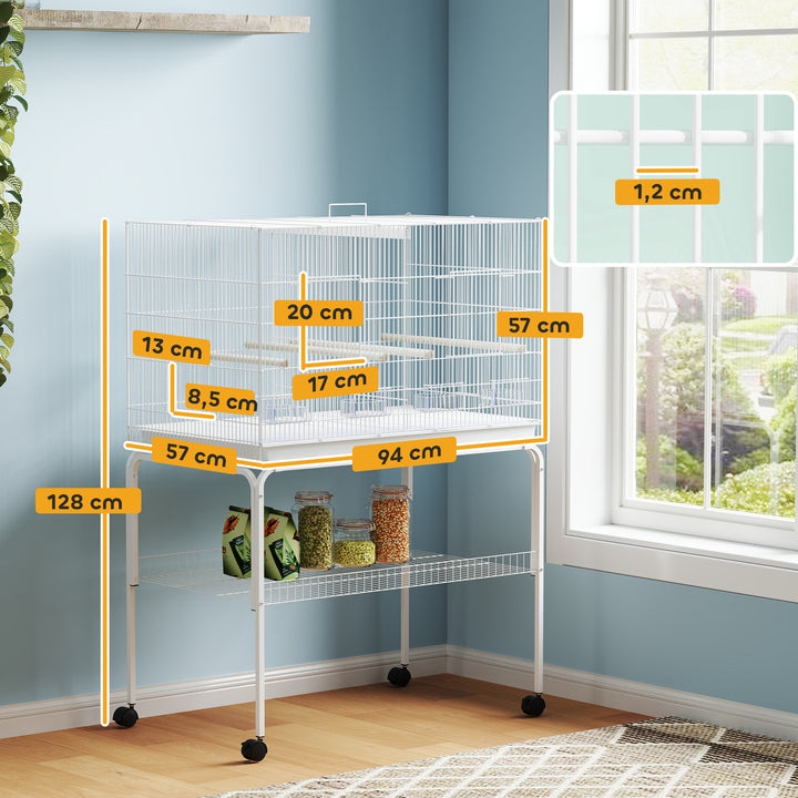 Gaiola para Pássaros com Divisória Gaiola com Rodas para Aves Papagaios Canários Gaiola para Aves com Comedouros Poleiros e Bandeja Removível, 94x57x128 cm Branco