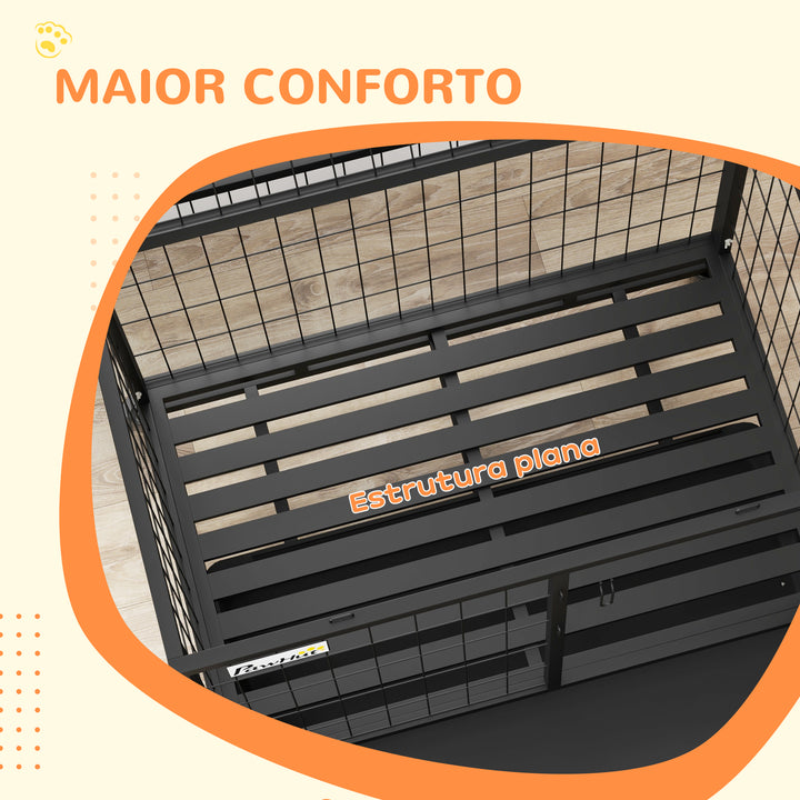 Gaiola para Cães com Parte Superior Rebatível Suporte de Tigelas Bandeja Amovível Rodas e Porta Dupla 92x62x73 cm Preto