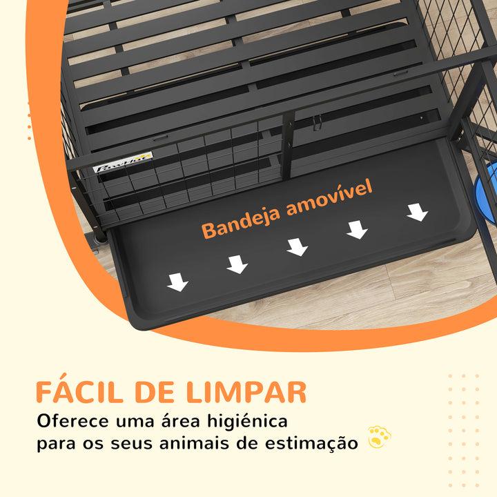 Gaiola para Cães com Parte Superior Rebatível Suporte de Tigelas Bandeja Amovível Rodas e Porta Dupla 92x62x73 cm Preto
