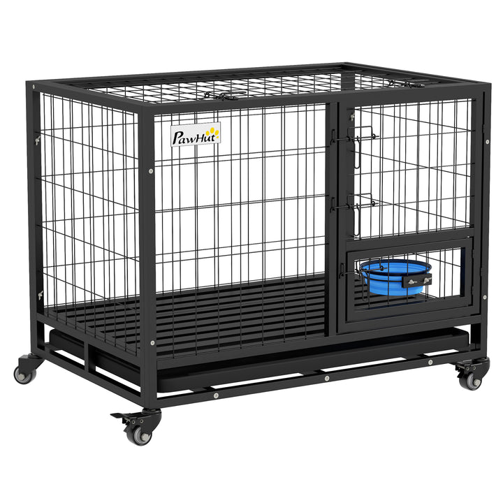 Gaiola para Cães com Parte Superior Rebatível Suporte de Tigelas Bandeja Amovível Rodas e Porta Dupla 92x62x73 cm Preto