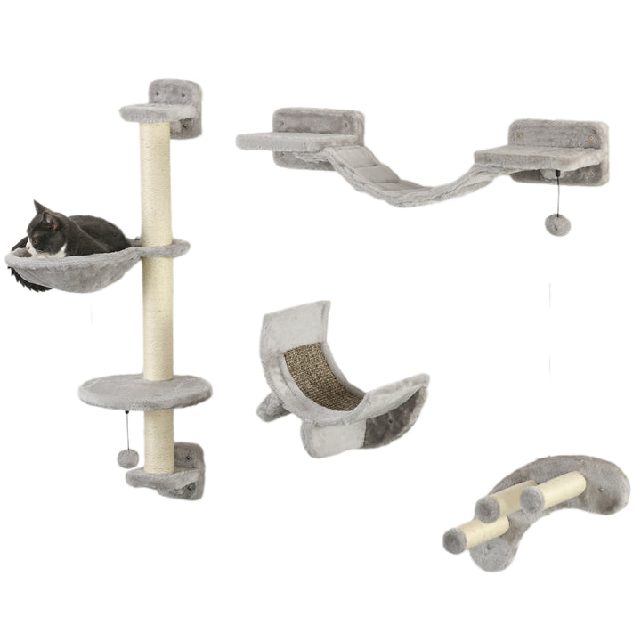 Conjunto de Prateleiras para Gatos de 4 Peças Arranhador de Parede para Gatos com Rede Postes Arranhadores Escada Suave e Plataformas Cinza