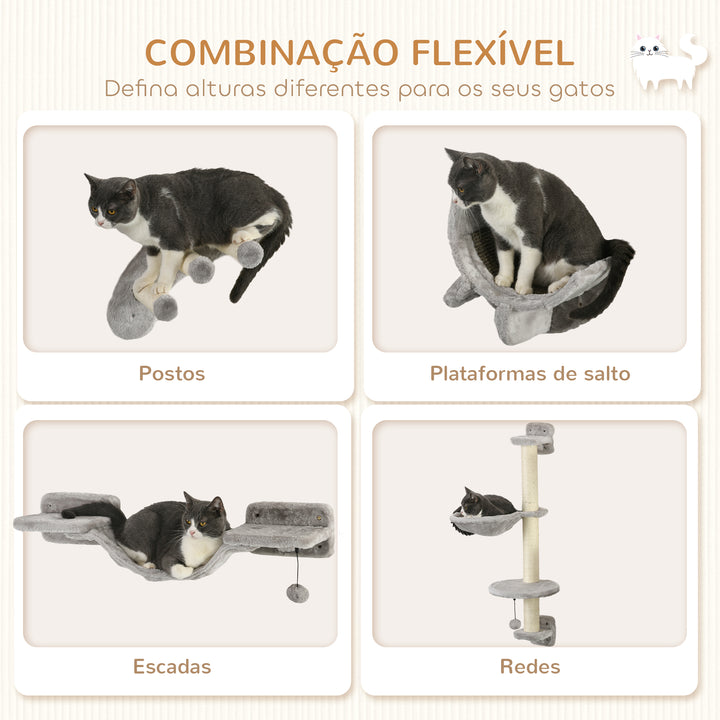 Conjunto de Prateleiras para Gatos de 4 Peças Arranhador de Parede para Gatos com Rede Postes Arranhadores Escada Suave e Plataformas Cinza