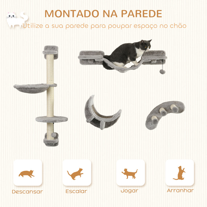 Conjunto de Prateleiras para Gatos de 4 Peças Arranhador de Parede para Gatos com Rede Postes Arranhadores Escada Suave e Plataformas Cinza