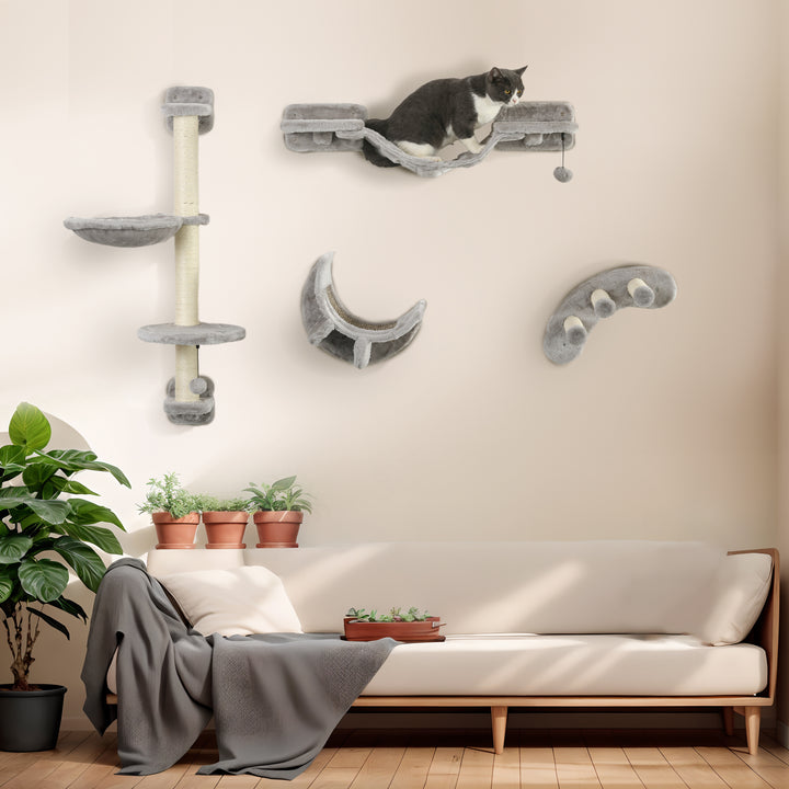 Conjunto de Prateleiras para Gatos de 4 Peças Arranhador de Parede para Gatos com Rede Postes Arranhadores Escada Suave e Plataformas Cinza