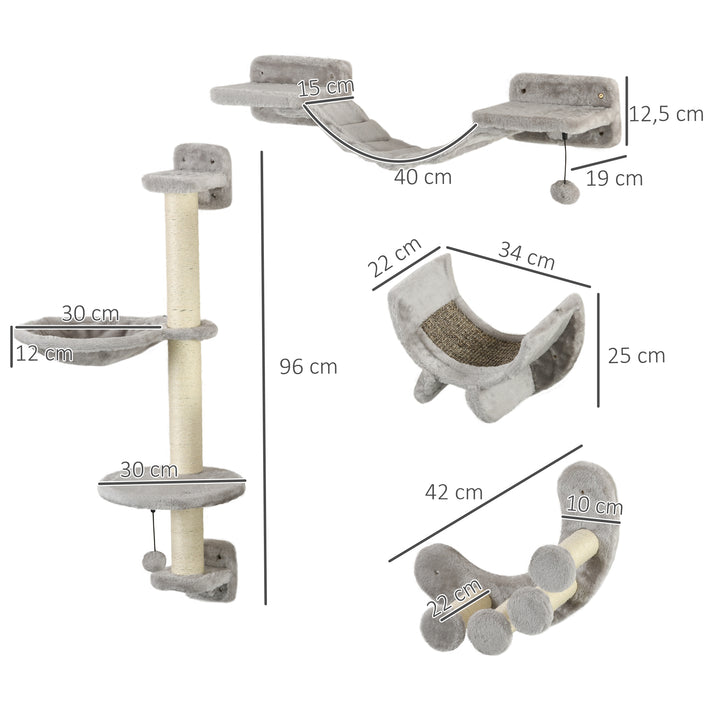 Conjunto de Prateleiras para Gatos de 4 Peças Arranhador de Parede para Gatos com Rede Postes Arranhadores Escada Suave e Plataformas Cinza