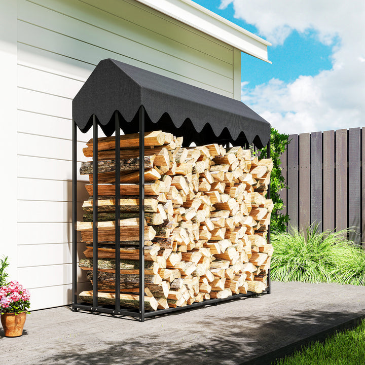 Suporte de Lenha Metálico para Exterior, 186x70x185 cm, com Cobertura Impermeável 600D Oxford, Estrutura de Aço, para Lareiras, Jardim e Terraços
