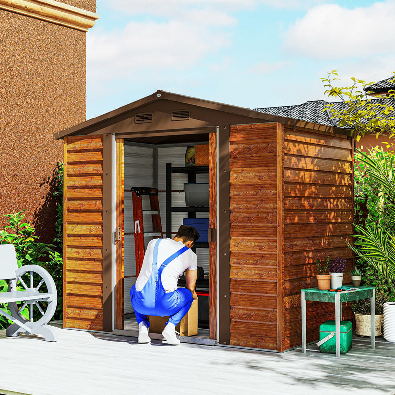 Abrigo de Jardim Exterior 3 m² 152x235,7x208,7 cm Abrigo de Jardim Metálico com 2 Portas de Correr e 4 Janelas de Ventilação para Armazenamento de Ferramentas Madeira e Marrom