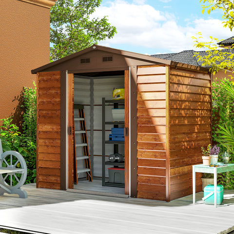 Abrigo de Jardim Exterior 3 m² 152x235,7x208,7 cm Abrigo de Jardim Metálico com 2 Portas de Correr e 4 Janelas de Ventilação para Armazenamento de Ferramentas Madeira e Marrom