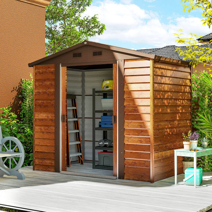 Abrigo de Jardim Exterior 3 m² 152x235,7x208,7 cm Abrigo de Jardim Metálico com 2 Portas de Correr e 4 Janelas de Ventilação para Armazenamento de Ferramentas Madeira e Marrom