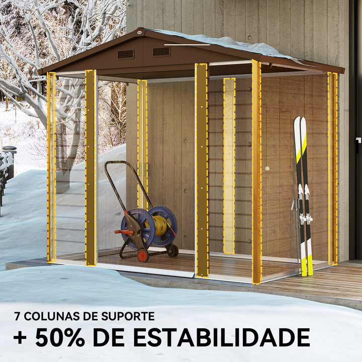 Abrigo de Jardim Exterior 3 m² 152x235,7x208,7 cm Abrigo de Jardim Metálico com 2 Portas de Correr e 4 Janelas de Ventilação para Armazenamento de Ferramentas Madeira e Marrom