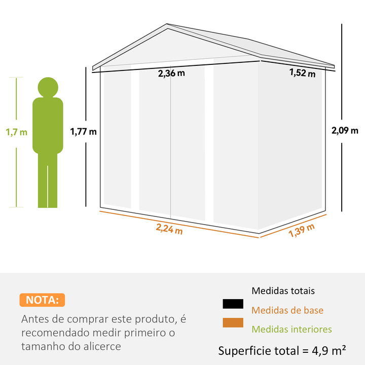 Abrigo de Jardim Exterior 3 m² 152x235,7x208,7 cm Abrigo de Jardim Metálico com 2 Portas de Correr e 4 Janelas de Ventilação para Armazenamento de Ferramentas Madeira e Marrom