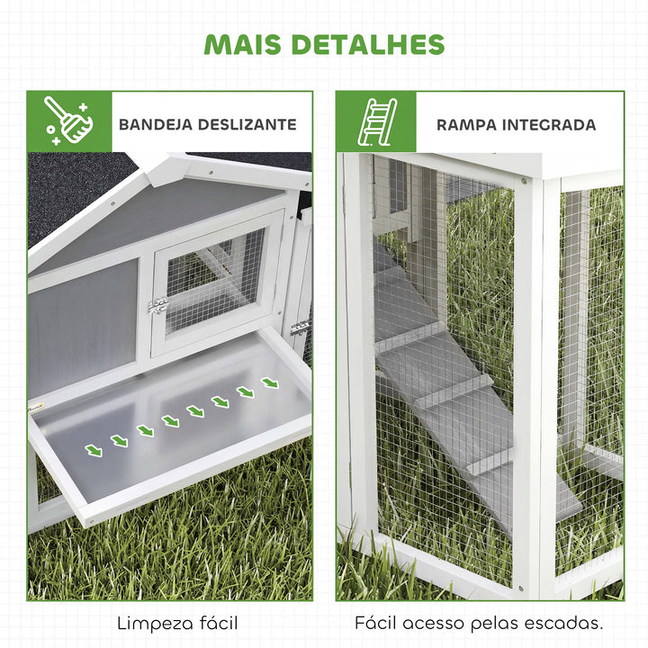 Galinheiro Grande para Exterior de Madeira 204x85x93 cm com Caixa de Nidificação Cercado Bandeja Removível Telhado Impermeável, Rampa e Poleiro Cinzento
