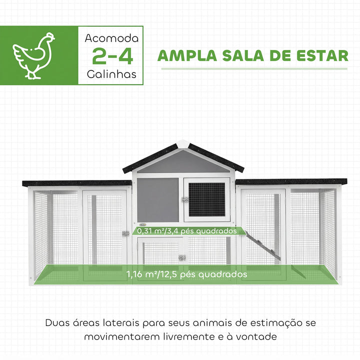 Galinheiro Grande para Exterior de Madeira 204x85x93 cm com Caixa de Nidificação Cercado Bandeja Removível Telhado Impermeável, Rampa e Poleiro Cinzento