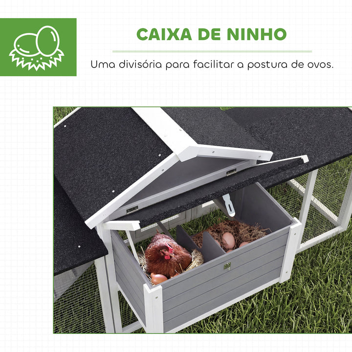 Galinheiro Grande para Exterior de Madeira 204x85x93 cm com Caixa de Nidificação Cercado Bandeja Removível Telhado Impermeável, Rampa e Poleiro Cinzento
