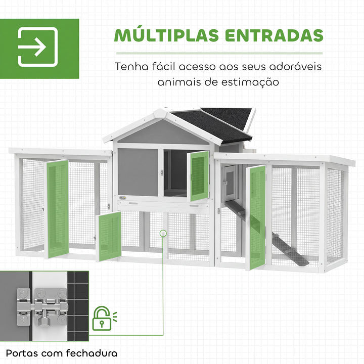 Galinheiro Grande para Exterior de Madeira 204x85x93 cm com Caixa de Nidificação Cercado Bandeja Removível Telhado Impermeável, Rampa e Poleiro Cinzento
