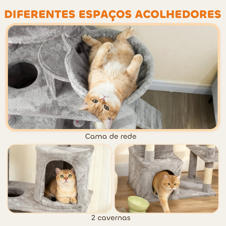 Arranhador para Gatos Grande Altura 170 cm Torre de Escalada com 7 Postes 1 Túnel 3 Plataformas 2 Cavernas 1 Rede 1 Poleiro 1 Rampa Pompons Cinzento Claro